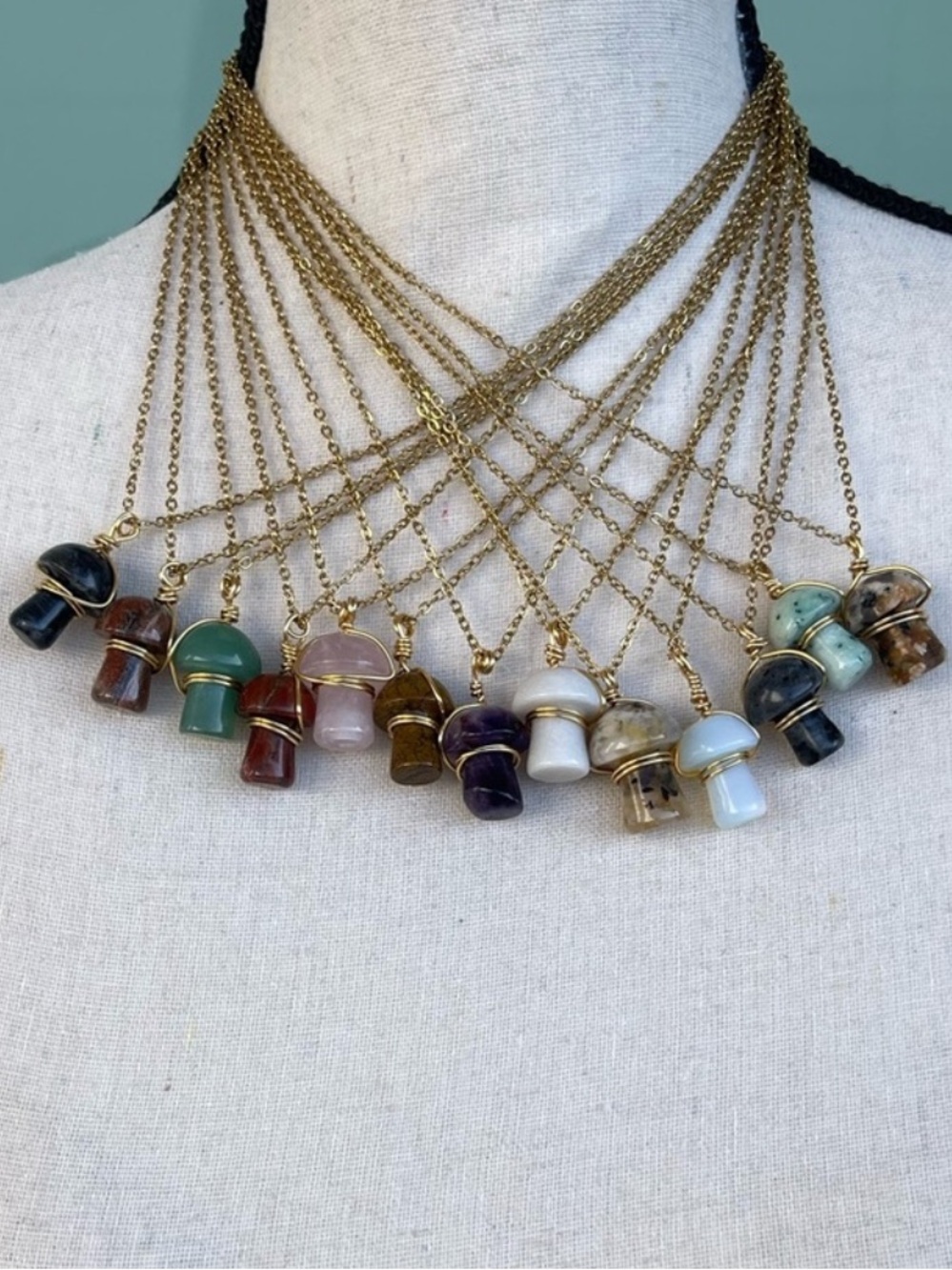 Mushroom Crystal Necklace You Choose Your Crystal on Stainless Steel Gold Plated